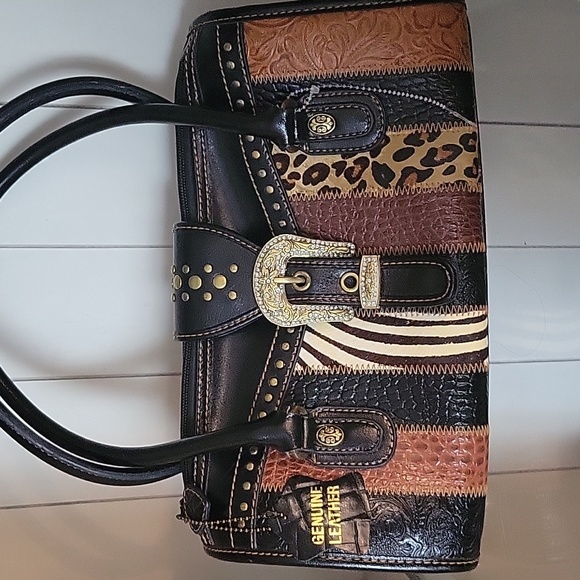 Genuine Leather Western Handbag Purse Animal Print Skin In Nice Condition - Picture 9 of 10